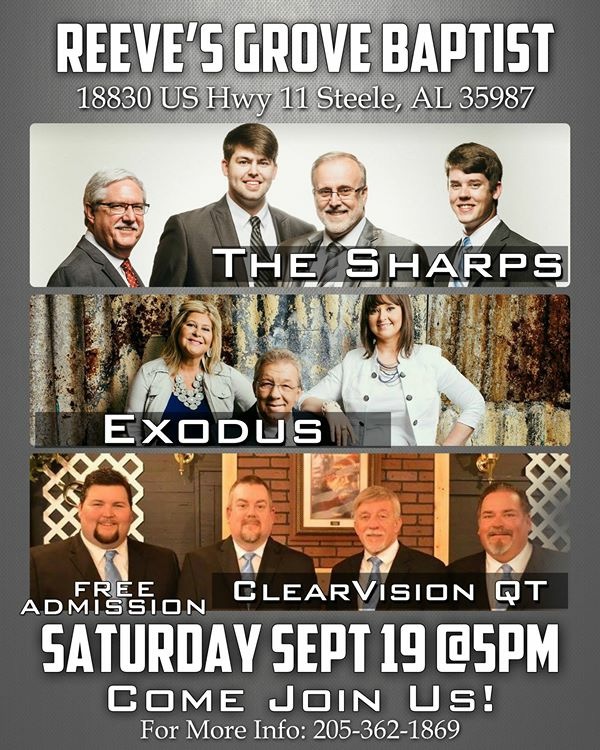 Southern Gospel This Saturday, Sept 19, Reeve's Grove Baptist Church 