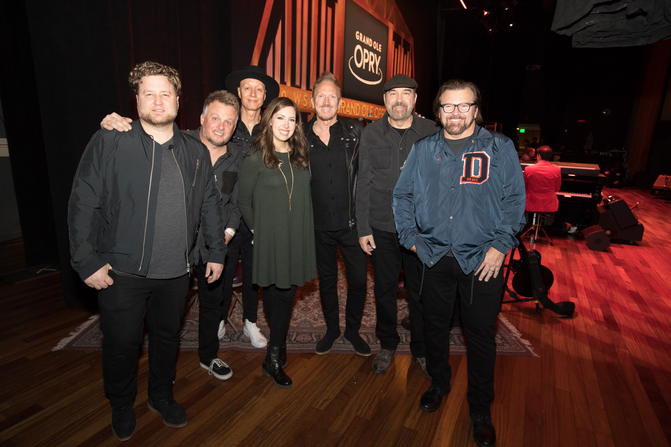 Pictured (l-r) on the Grand Ole OpryÂ® stage at Nashville's Ryman Auditorium are (l-r) NewSong's Mark Clay, Jack Pumphrey and Rico Thomas; Francesca Battistelli; and NewSong's Eddie Carswell, Billy Goodwin and Russ Lee. (photo: Chris Hollo for the Grand Ole Opry)