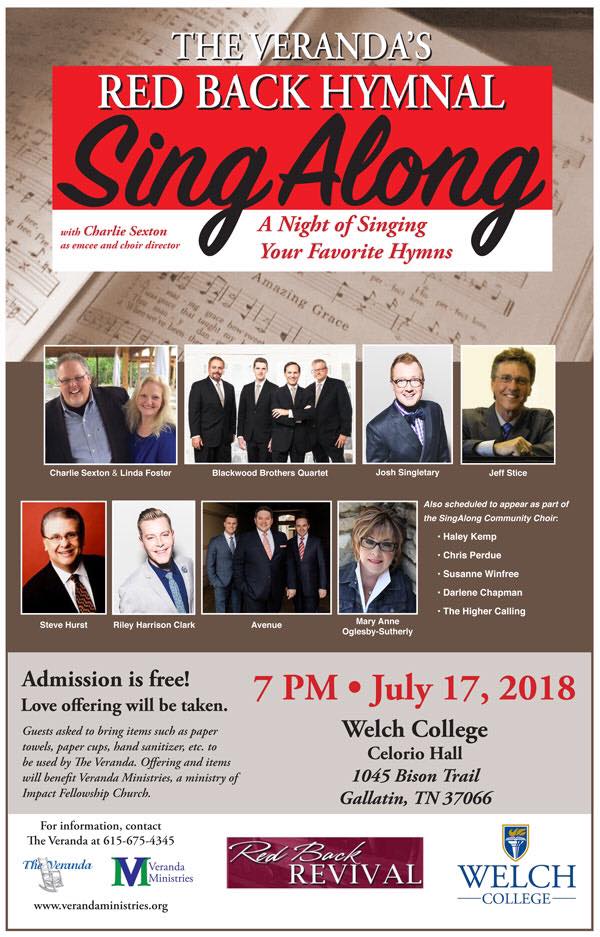 "The Verandaâ€™s Red Back Hymnal Sing Alongâ€ to be held July 17 at Welch College