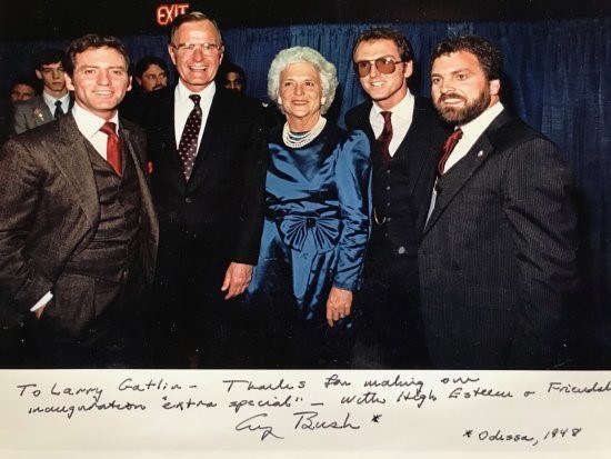 The Gatlin Brothers with George H.W. Bush and Barbara Bush at the former president's inauguration (1989) (Pictured left to right: Larry Gatlin, George H.W. Bush, Barbara Bush, Rudy Gatlin, Steve Gatlin)